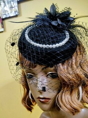 New! Classic Black Veil Fascinator Hat with Pearl Trim